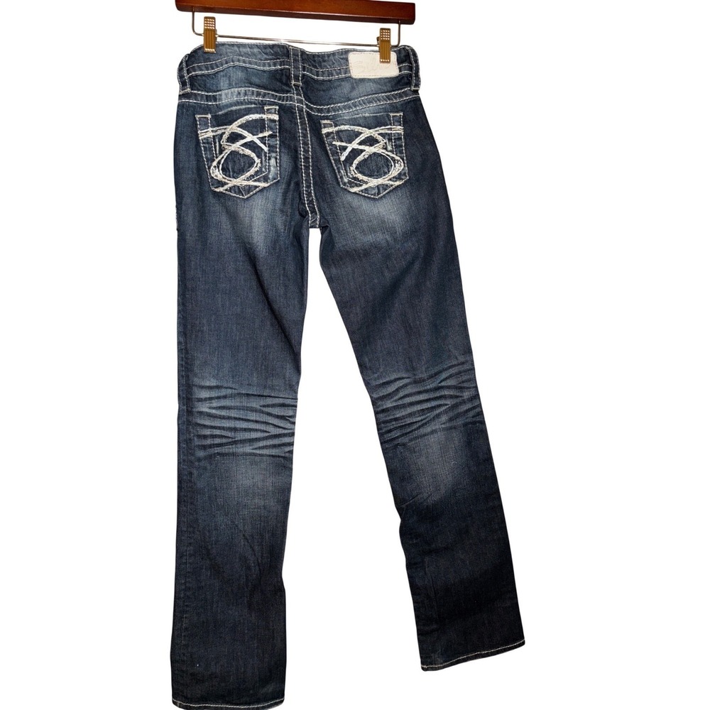 Silver Jeans Co Lola 17" Straight Leg Jeans Dark Wash Distressed Thick Stitch